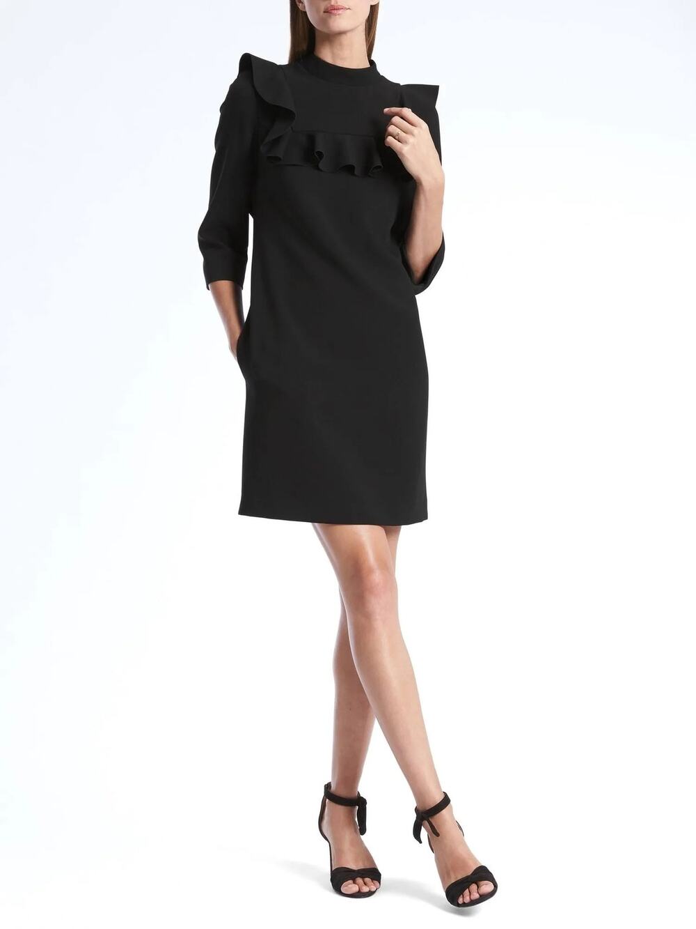 Banana Republic Black Ruffle Frill Mock Neck 3/4 Sleeve Mini Shift Dress Size 2